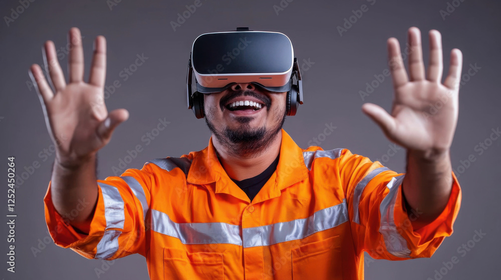 Man in orange safety suit using virtual reality headset, engaged in simulation Man in orange safety suit using virtual reality headset, engaged in simulation