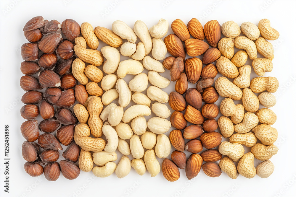 Top view group of mixed nuts isolated on white background, Selective focus varies of mixed nut on white, Close up shot grains and nuts. Top view group of mixed nuts isolated on white background, Selective focus varies of mixed nut on white, Close up shot grains and nuts.