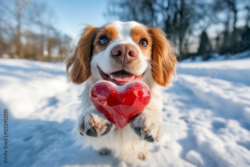 Clumber spaniel - my beloved dog, symbol of friendship. Promotion domestic animal idea. Cute clumber spaniel canine with diamond red heart on a walk in a winter green space. Dog in snow. photo