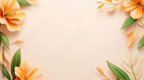 Elegant floral frame design with orange flowers and green leaves on soft beige background