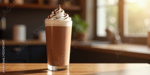 A Refreshing Chocolate Drink Topped with Whipped Cream and Drizzled Chocolate Sauce, Perfect for a Sunny Afternoon