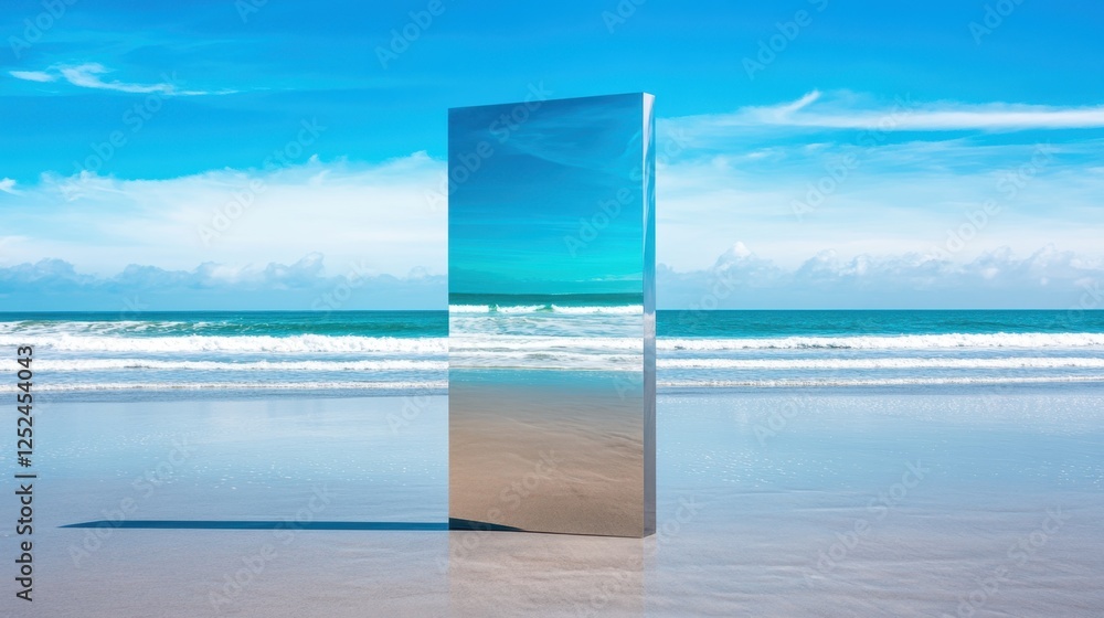 Fototapeta premium Reflective Surface on Tranquil Beach with Crystal Clear Water and Bright Blue Sky