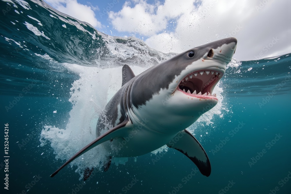 Fototapeta premium A shark is swimming through the water, its mouth open to strike its prey.
