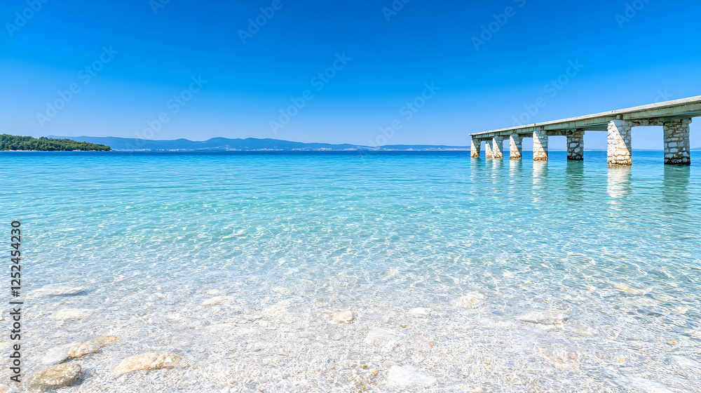 Tranquil azure sea with pier on Corfu, Greece. A serene scene, ideal for travel blogs and coastal promotions, inviting relaxation Tranquil azure sea with pier on Corfu, Greece. A serene scene, ideal for travel blogs and coastal promotions, inviting relaxation