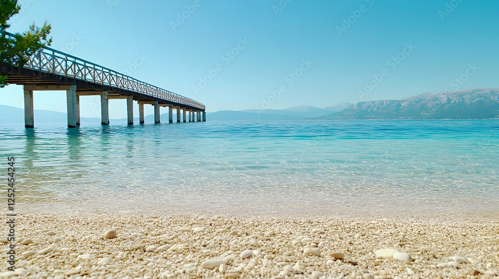 Tranquil beach pier, crystal water, sunny day, coastal scene, vacation Tranquil beach pier, crystal water, sunny day, coastal scene, vacation
