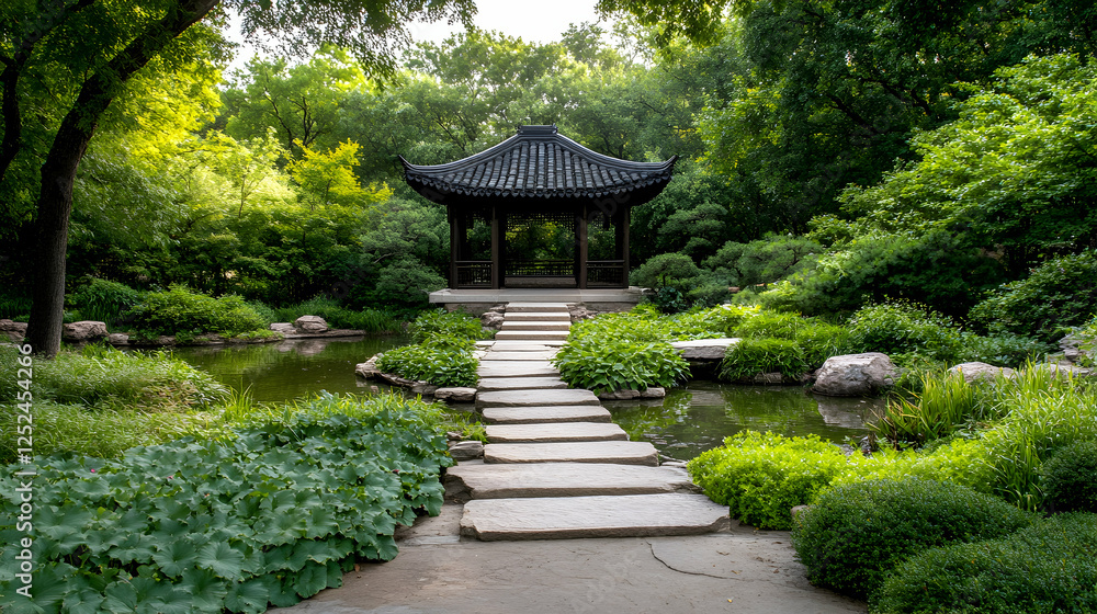 Obraz premium Tranquil Chinese garden pavilion, serene landscaping, peaceful oasis