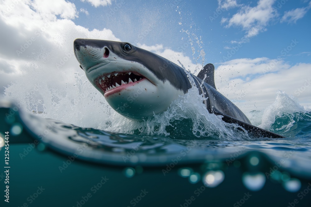 Naklejka premium A shark is swimming through the water, its mouth open to strike its prey.