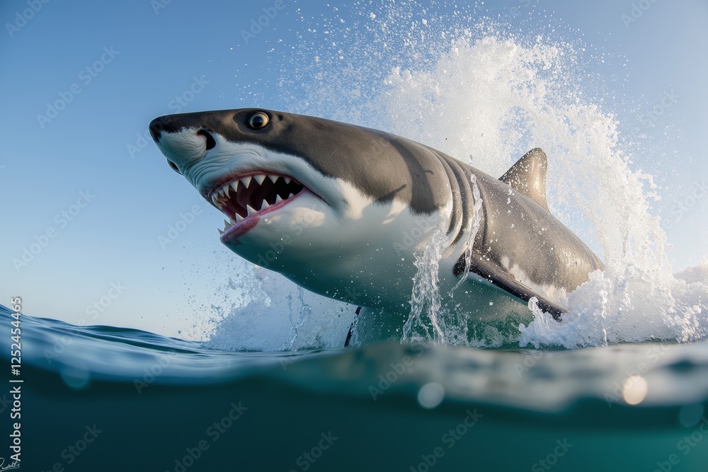 Naklejka premium A shark is swimming through the water, its mouth open to strike its prey.