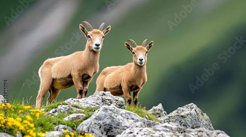 Two ibex on a mountain peak, wildflowers in foreground, nature scene, ideal for wallpaper or wildlife publication photo