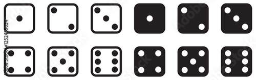 Dice game collection. Minimalist Dice Icons Set Black and White Vector Illustration with Different Dot Combinations. Set of Ludo game dice collection. monochrome dices. casino. play. game. bet. 