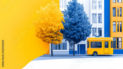 Urban scene, stylized trees, yellow bus, minimalist background.  Possible use for illustration, design, wallpaper photo