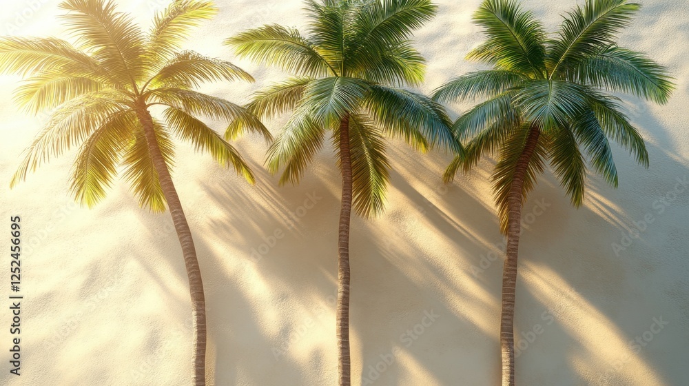 Obraz premium Sunlit Palm Trees Casting Shadows on a Sandy Wall in a Tropical Paradise