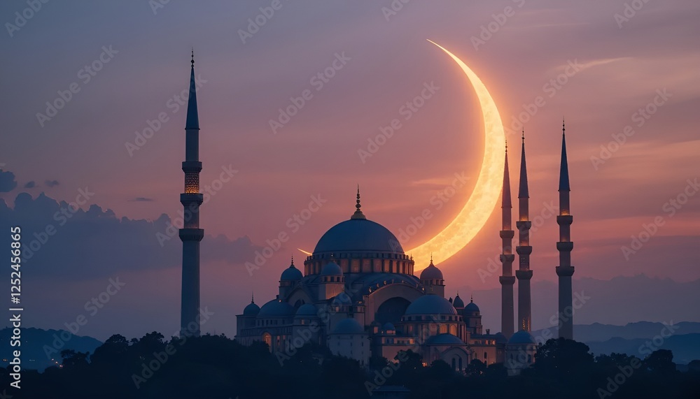 Obraz premium Crescent Moon and Minarets A majestic golden crescent moon cradling a grand mosque with towering minarets, set against a dreamy twilight sky.