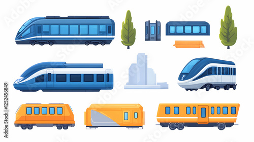 Various train carriages set, different colors and views.  Possible use for illustrations or design elements