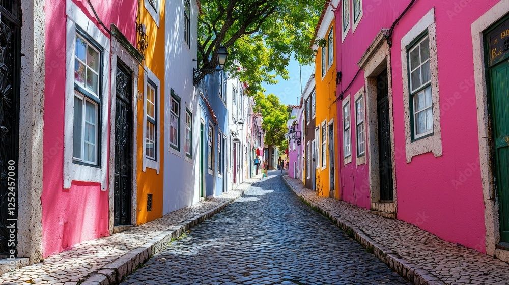 Fototapeta premium Colorful Buildings Line Cobblestone Street Charming Town
