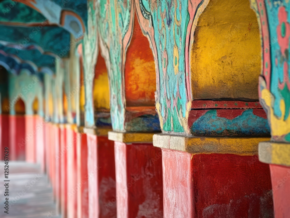 Fototapeta premium Colorful painted temple corridor, Asia, architecture, religious, spiritual, travel, background, culture