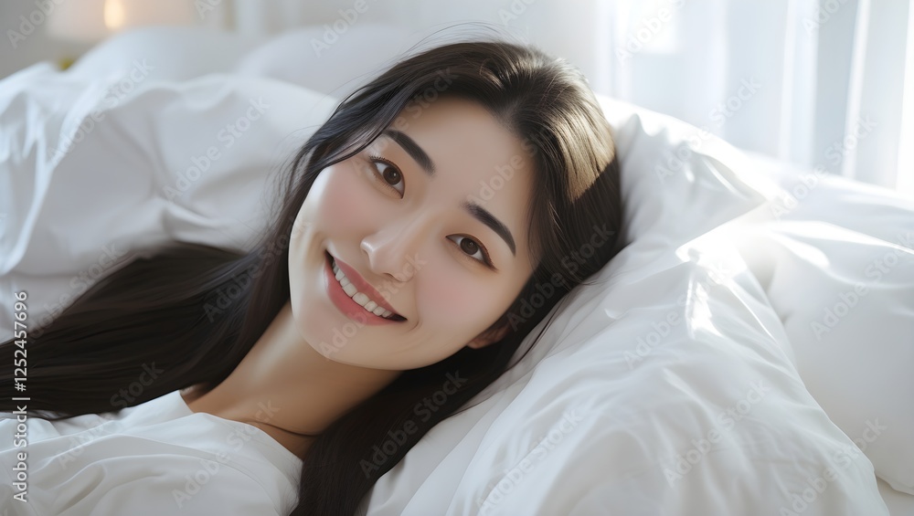 Smiling girl waking up in bed in the morning Smiling girl waking up in bed in the morning