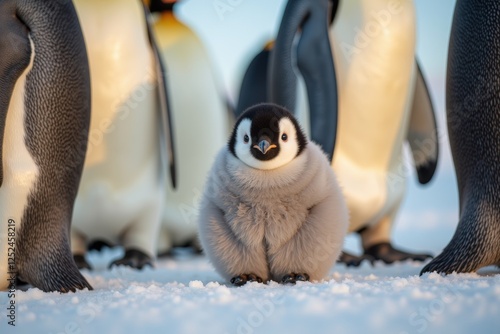 A penguin chick stands among a flock of penguins.