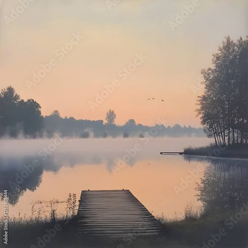 Tranquil Dawn: Embracing the Serenity of a Quiet Morning by the Misty Lake photo