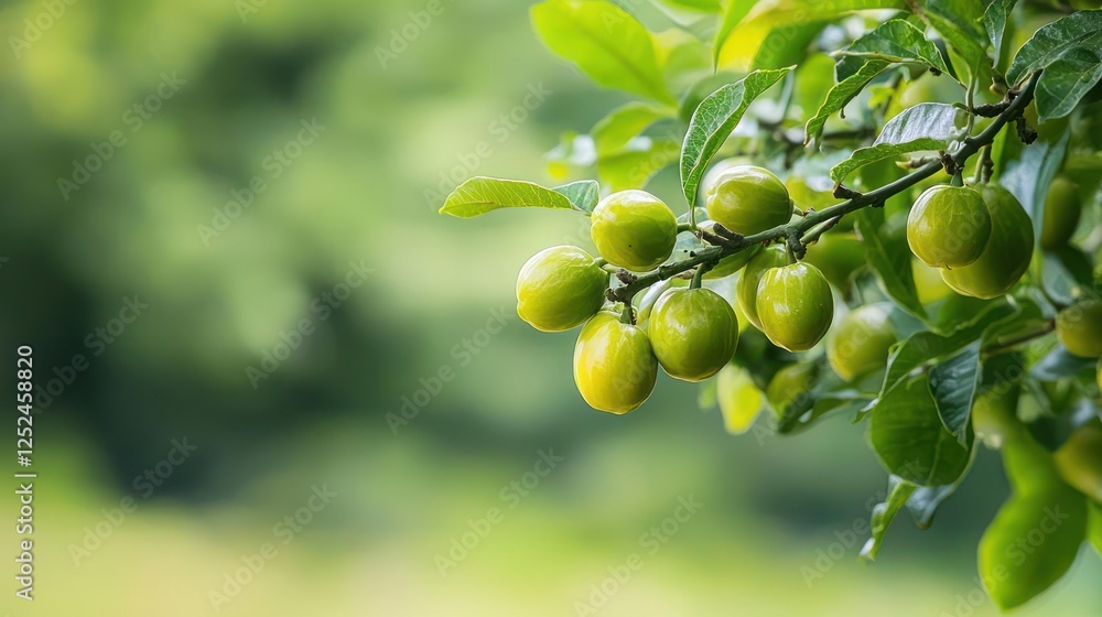 Closeup Of Green Plums On Branch With Blurred Background Closeup Of Green Plums On Branch With Blurred Background
