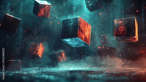 Glowing cubes falling in dark smoky space; abstract digital art for tech backgrounds.