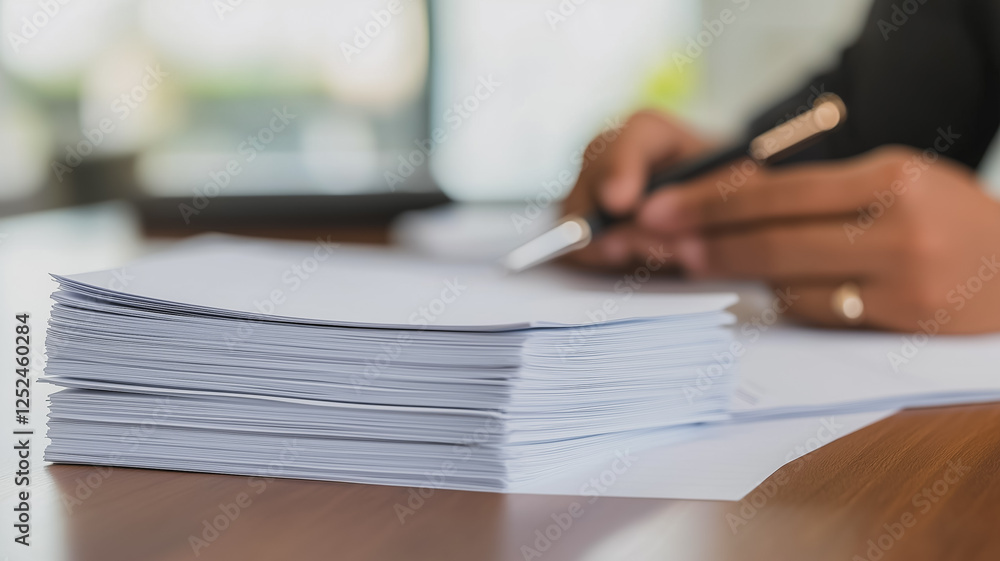 Close-up of hands signing documents on a desk. Close-up of hands signing documents on a desk.