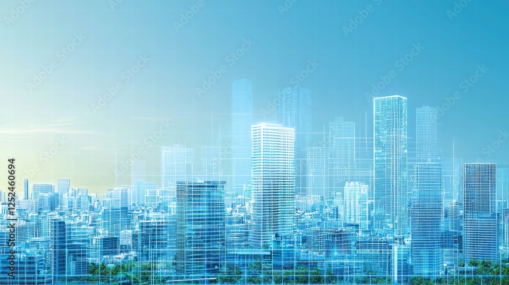 Obraz premium Futuristic City Skyline with Modern Glass Buildings Against a Blue Sky at Sunset