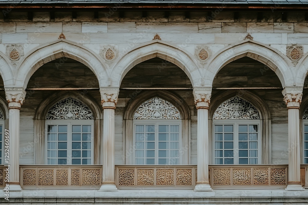 Ornate Architectural Detail of Marble Building with Pointed Arches and Intricate Carvings Ornate Architectural Detail of Marble Building with Pointed Arches and Intricate Carvings