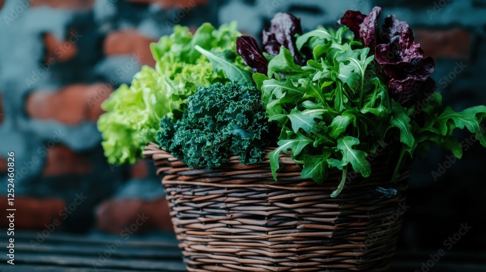 A close-up of a variety of fresh salad greens, including lettuce, arugula, spinach, and kale, arranged in a wicker basket with a wooden background that highlights their vibrant colors. A close-up of a variety of fresh salad greens, including lettuce, arugula, spinach, and kale, arranged in a wicker basket with a wooden background that highlights their vibrant colors.