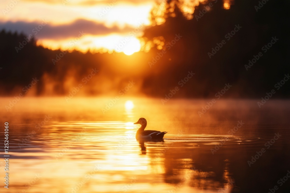 Duck swims on misty lake at sunrise, forest background, for nature photography Duck swims on misty lake at sunrise, forest background, for nature photography