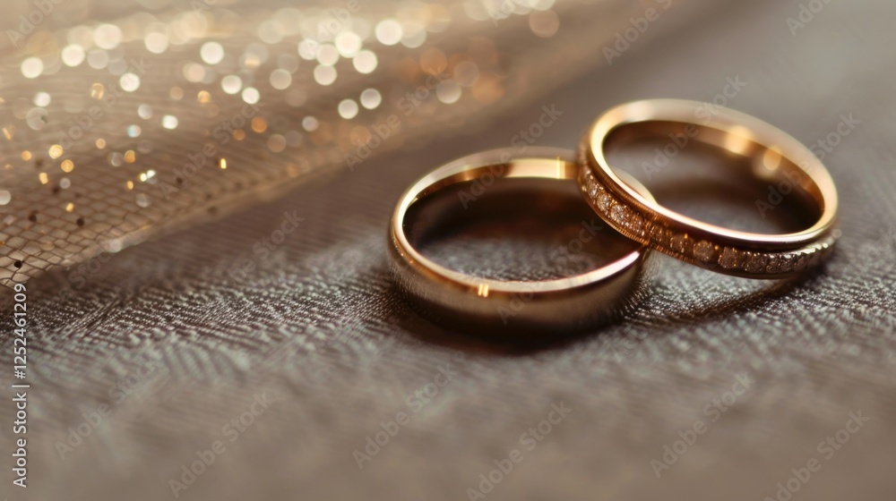 Gold wedding rings, fabric, bokeh, close-up, romance Gold wedding rings, fabric, bokeh, close-up, romance