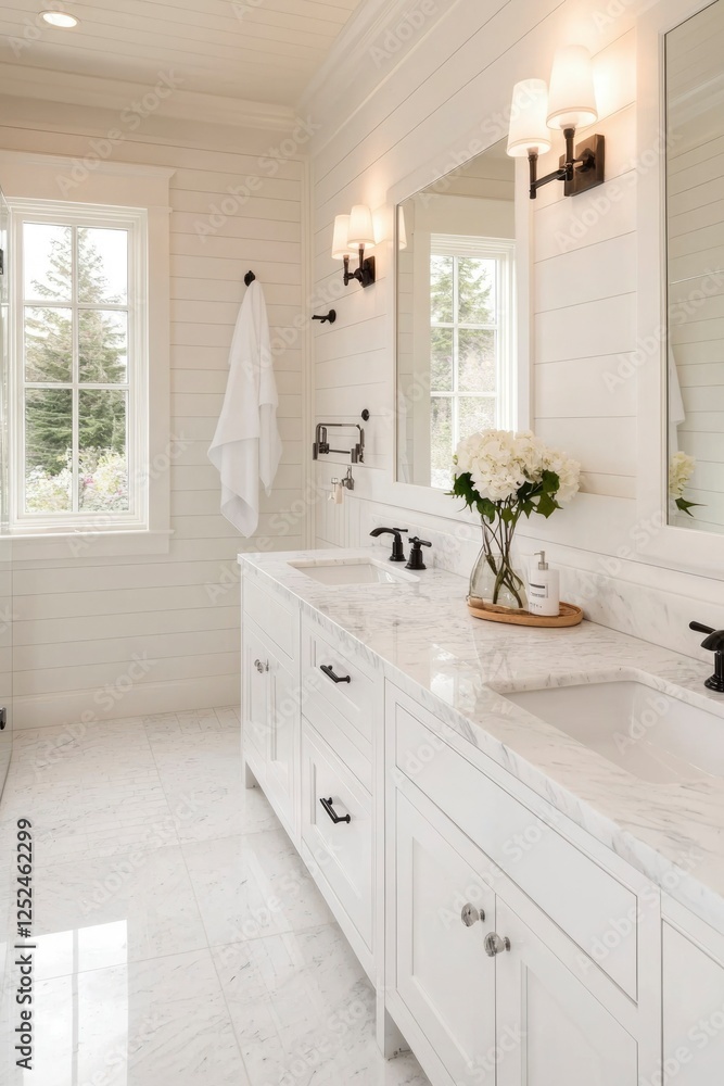 Elegant white bathroom with double vanity, marble floors, natural light, fresh flowers Elegant white bathroom with double vanity, marble floors, natural light, fresh flowers