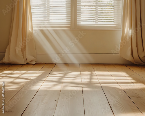 Bright sunlight streaming through window blinds, casting shadows on wooden floor