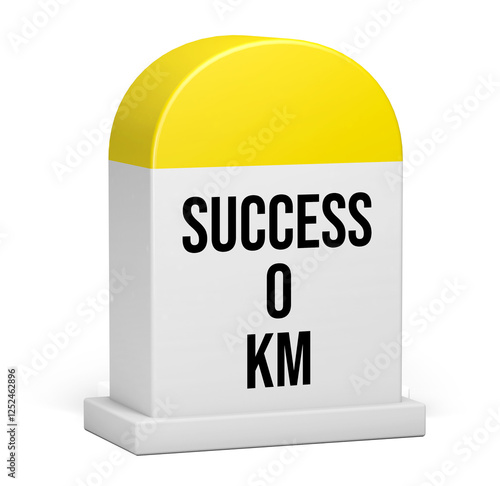Success 0 kilometer is written on the yellow and white colored milestone. 3d illustration. Success concept.