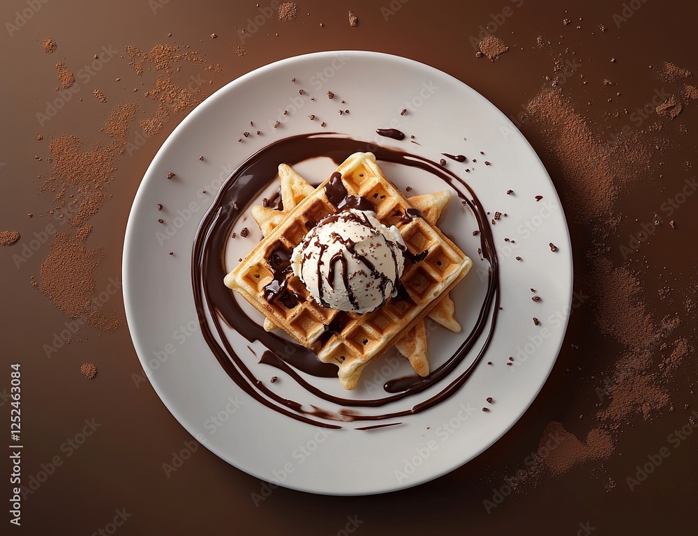 Fototapeta premium Delicious Waffles Topped with Ice Cream and Chocolate Sauce Drizzled Beautifully