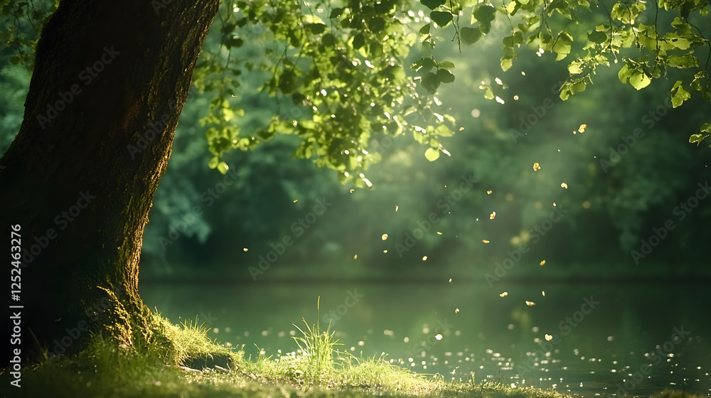Fototapeta premium serene view of tree by calm water body, with sunlight filtering through leaves