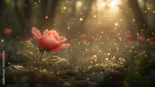 close up of blooming rose with dewdrops in serene forest setting