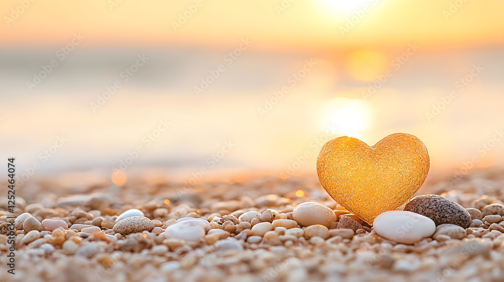 Fototapeta premium crystal heart on sandy beach at sunset, radiating warmth and love