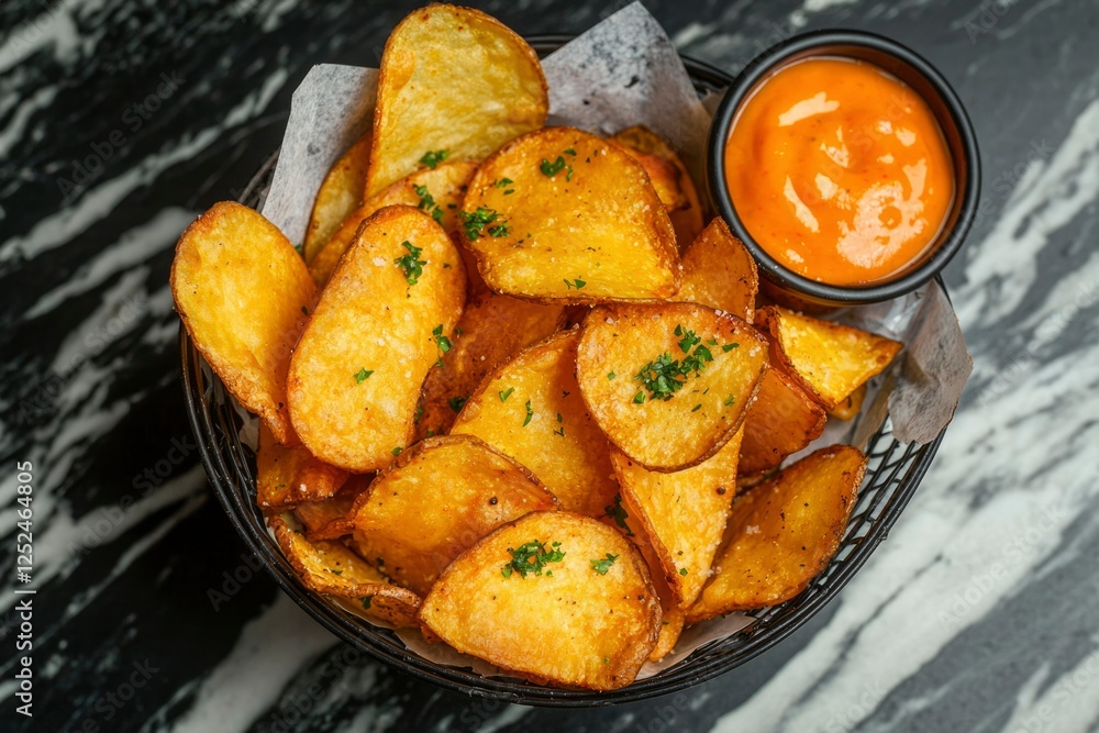 Golden fried potato wedges, served with spicy dipping sauce for restaurant menu Golden fried potato wedges, served with spicy dipping sauce for restaurant menu