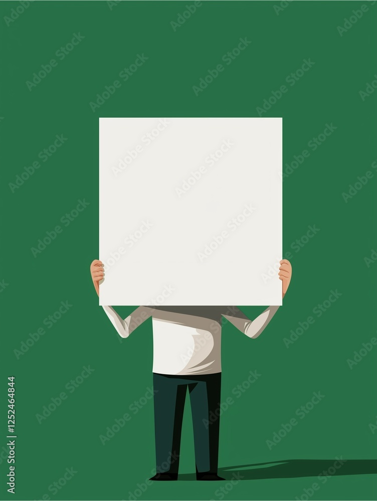 A person stands holding a blank square sign against a green background, symbolizing potential, creativity, and communication. A person stands holding a blank square sign against a green background, symbolizing potential, creativity, and communication.