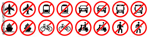 Set of no transport vector icons featuring various vehicles inside red circles with diagonal lines. Includes cars, buses, trains, bikes, and more. Ideal for signs or restrictions