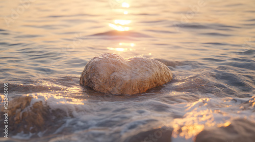 heart shaped rock resting in calm water during sunset, radiating warmth