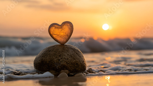 heart shaped crystal resting on rock by ocean at sunset