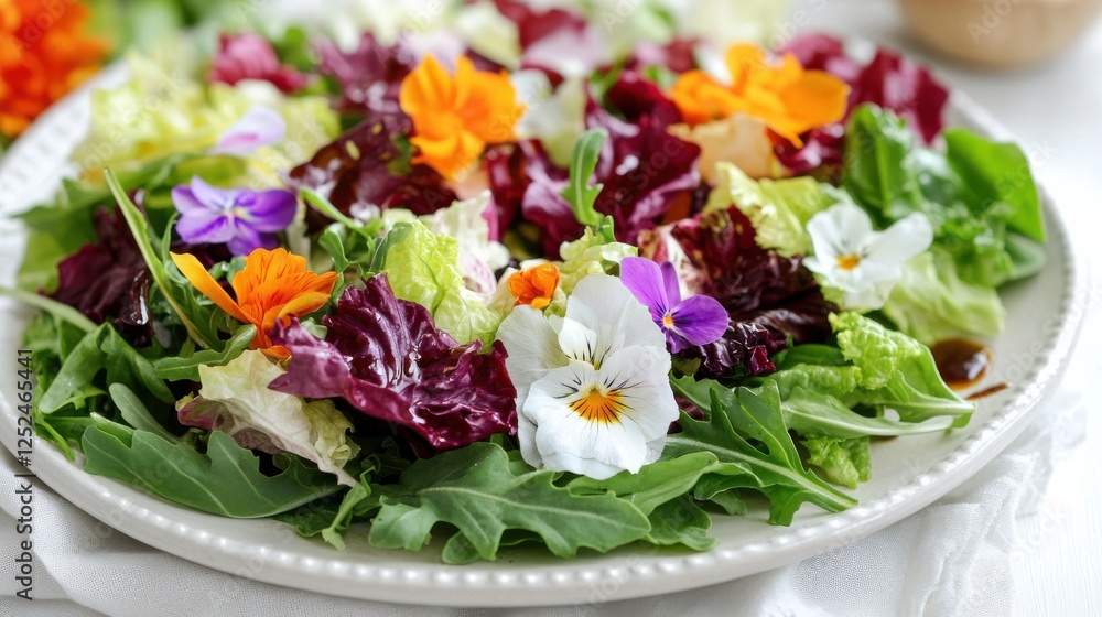 A plate of gourmet salad featuring a mix of arugula, radicchio, and butter lettuce, garnished with edible flowers and a drizzle of balsamic vinegar, served on a white tablecloth. A plate of gourmet salad featuring a mix of arugula, radicchio, and butter lettuce, garnished with edible flowers and a drizzle of balsamic vinegar, served on a white tablecloth.