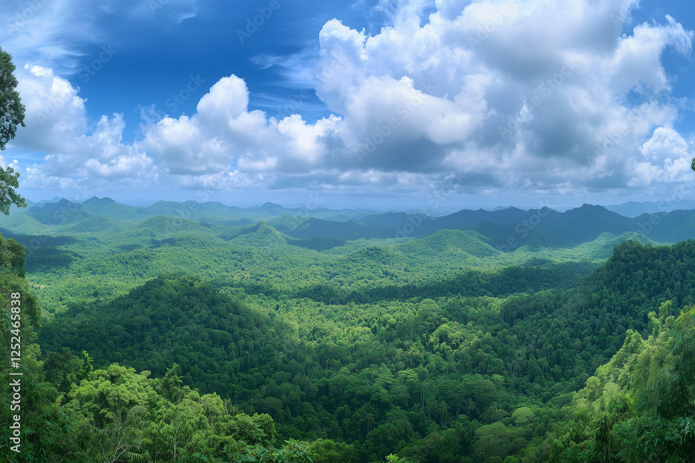 Fototapeta premium Wide panorama of lush tropical forest landscape for environmental ecology, sustainable energy concepts, earth day celebrations, and spa tourism scenic wallpaper