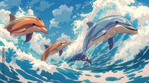 Three dolphins swimming through vibrant ocean waves in a colorful, dynamic illustration.