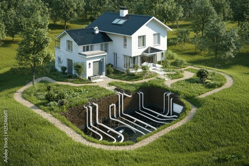 House geothermal energy system, sustainable energy. Lawn, trees background, for sale