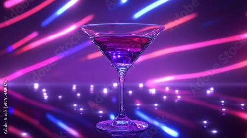 A futuristic martini glass with an illuminated base, filled with a deep violet cocktail, with neon light trails in the background