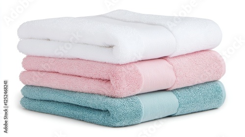 Soft, stacked towels in white, pink, and teal colors create a cozy bathroom aesthetic, ideal for relaxation and comfort.