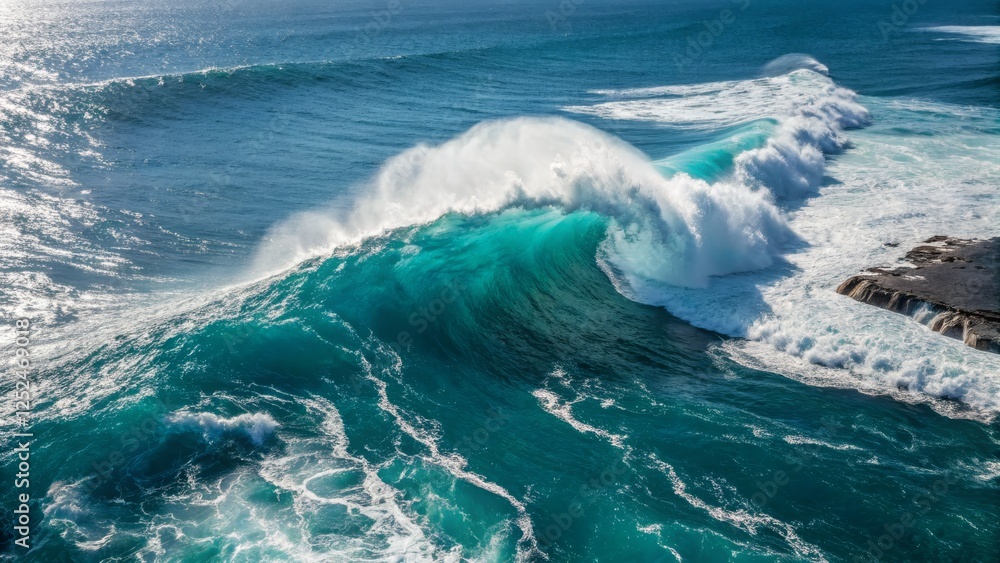 Fototapeta premium Aerial View of a Massive Ocean Wave Crashing, Turquoise Water, High-Angle Shot, Dramatic Nature Photography Ocean wave, Aerial Photography